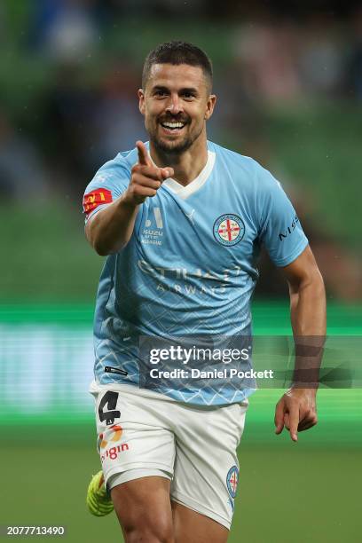 Nuno Reis of Melbourne City celebrates scoring a goal during the A-League Men round 12 match between Melbourne City and Western Sydney Wanderers at...