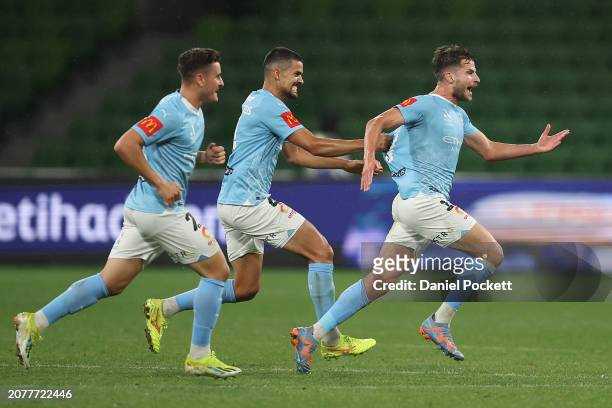 Terry Antonis of Melbourne City celebrates scoring a goal during the A-League Men round 12 match between Melbourne City and Western Sydney Wanderers...