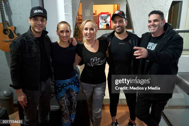 Pablo Portillo, Maya Karunna, María Karunna, Alexis Grullón and Didier Hernandez of 90s Pop pose for a photo during a rehearsal for the upcoming 90s...