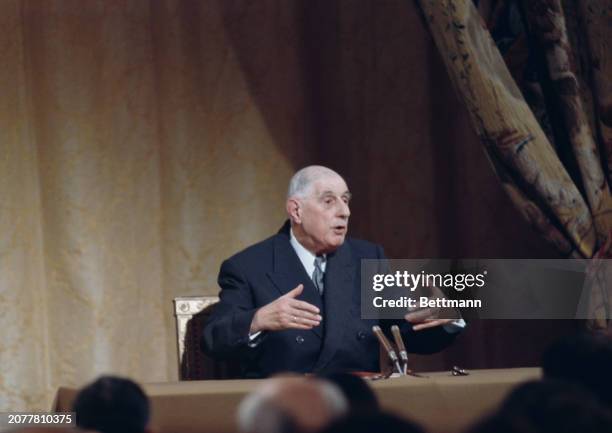 French President Charles de Gaulle gesturing during a press conference in Paris, November 27th 1967.