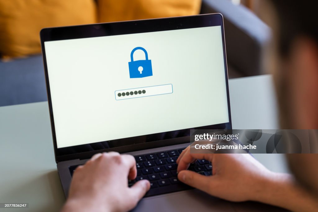 Online security concept with password protected access on laptop