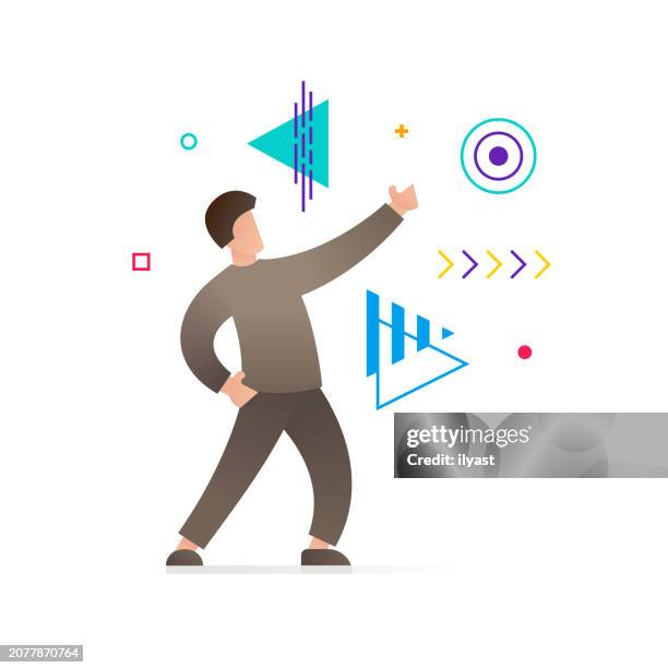 businessman pointing with graphics - multiple targets concept stock illustrations
