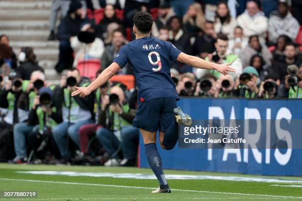 Goncalo Ramos of PSG celebrates his second goal during the Ligue 1 Uber Eats match between Paris Saint-Germain and Stade de Reims at Parc des Princes...