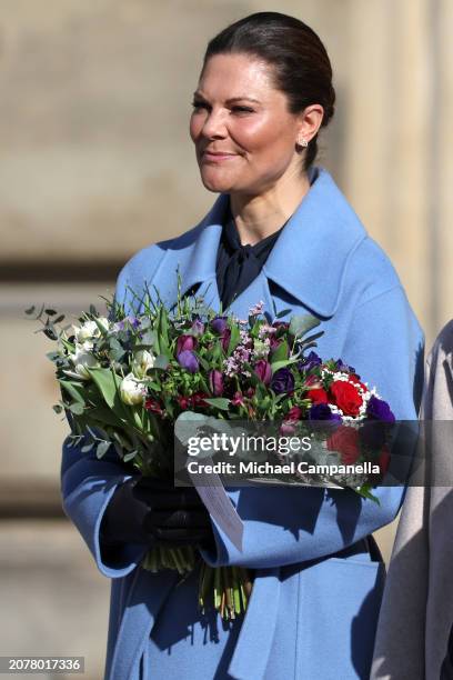 Crown Princess Victoria of Sweden reacts during the Crown Princess' Name Day celebration at The Royal Palace on March 12, 2024 in Stockholm, Sweden....
