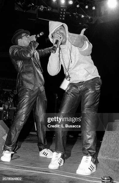 American rappers Darryl 'DMC' McDaniels and Joseph 'Run' Simmons of American rap group Run-DMC perform during the Crackdown concert to promote...