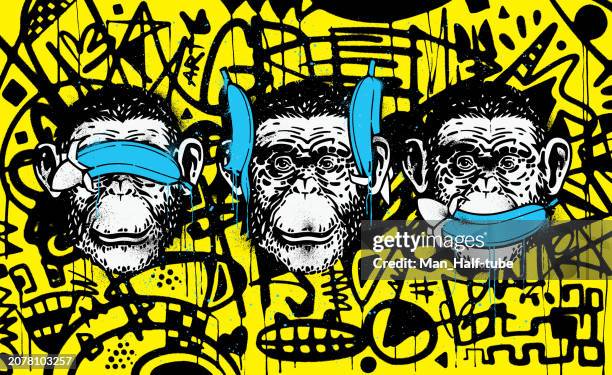drei weise affen schablone graffiti - 3 wise monkeys stock-grafiken, -clipart, -cartoons und -symbole