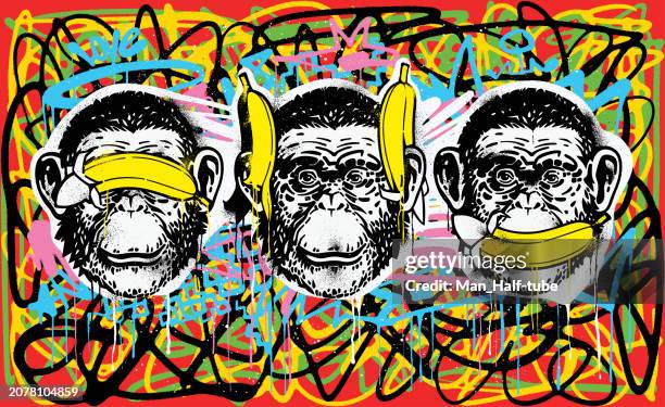 drei weise affen schablone graffiti - 3 wise monkeys stock-grafiken, -clipart, -cartoons und -symbole