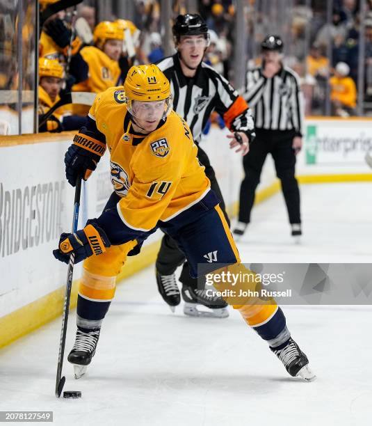 Gustav Nyquist of the Nashville Predators skates against the Buffalo Sabres during an NHL game at Bridgestone Arena on March 7, 2024 in Nashville,...