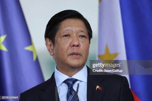 Filipino President Ferdinand Marcos Jr. Speaks to the media following talks with German Chancellor Olaf Scholz at the Chancellery on March 12, 2024...