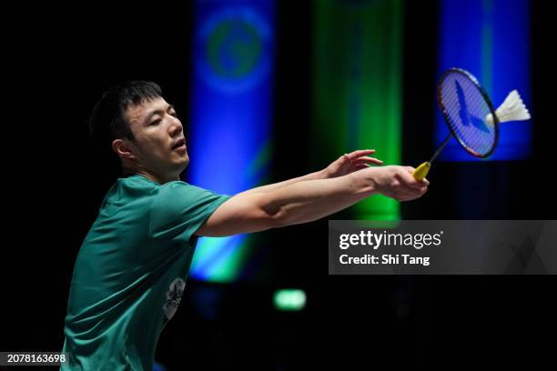 Wang Tzu Wei of Chinese Taipei competes in the Men's Singles first Round match against Koki Watanabe of Japan during day one of the Yonex All England...