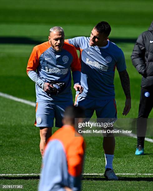 Federico Dimarco of FC Internazionale, Lautaro Martinez of FC Internazionale in action during the FC Internazionale training session at the club's...