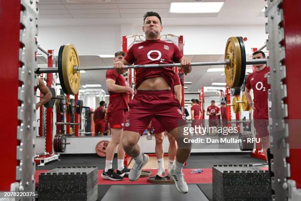 Danny Care of England trains during a gym session at Pennyhill Park on March 04, 2024 in Bagshot, England.
