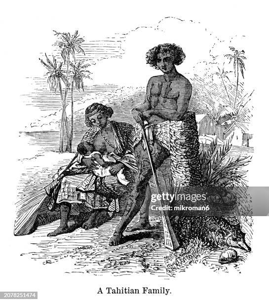 old engraved illustration of a tahitian family (tahitians, the indigenous polynesian people of tahiti and thirteen other society islands in french polynesia) - fashion stock illustrations stock pictures, royalty-free photos & images