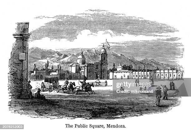 old engraved illustration of mendoza or city of mendoza, the capital of the province of mendoza in argentina - tradition town square stock pictures, royalty-free photos & images