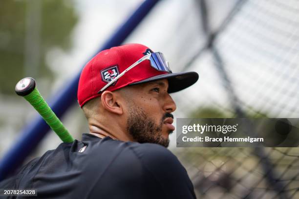 Carlos Correa of the Minnesota Twins looks on prior to a spring training game against the Tampa Bay Rays on March 3, 2024 at the Lee County Sports...