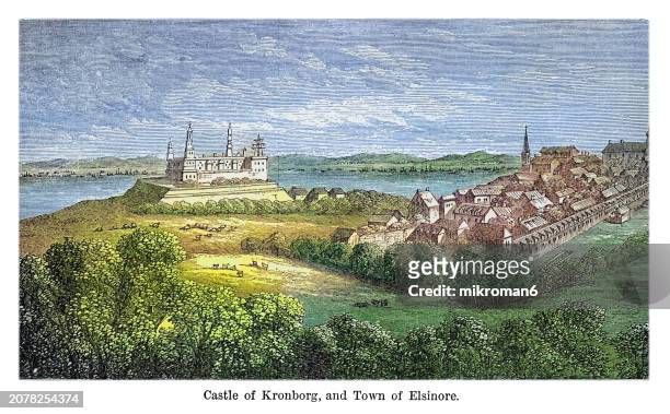 old engraved illustration of kronborg castle, helsingør, denmark (unesco world heritage site) and town of elsinore - zealand denmark stock pictures, royalty-free photos & images