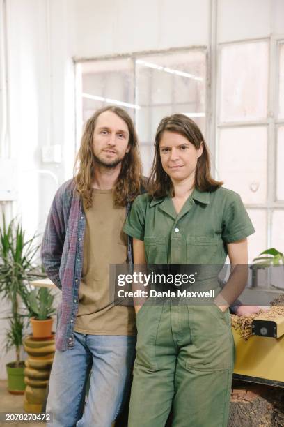 Artisans Jonathan Meador and Julie Jackson of Surcle Wood are photographed for Los Angeles Times on April 5, 2023 in Los Angeles, California....