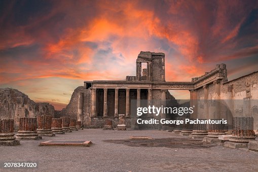 Remains of the Basilica in Pompeii, Italy at sunset