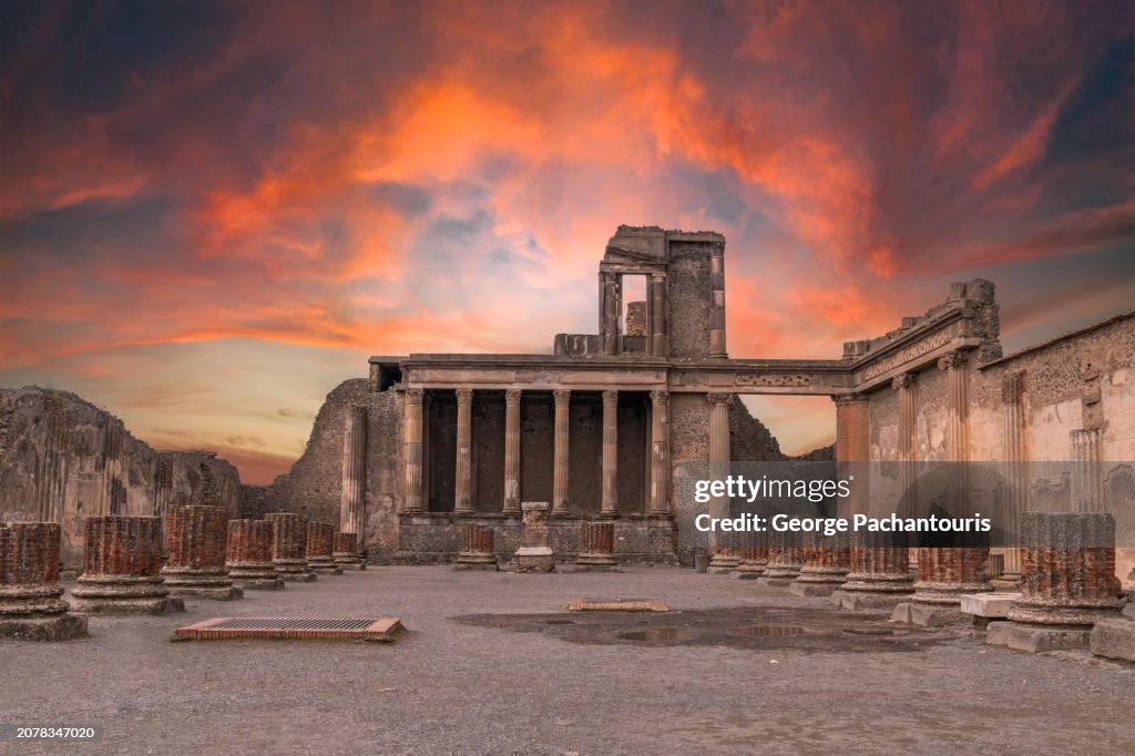 Remains of the Basilica in Pompeii, Italy at sunset