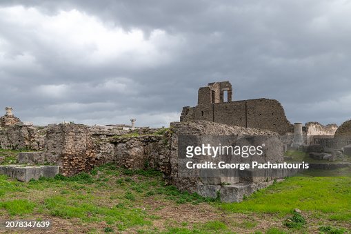 Dark clouds over the archaeological site in Pompeii, Italy