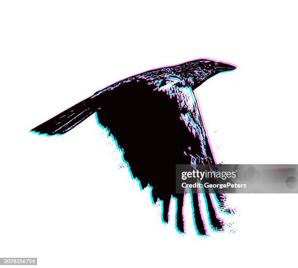 crow flying with glitch technique - raven stock illustrations