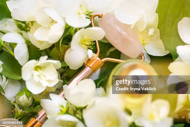 natural beauty cosmetic product, face serum or essential oil and rose quartz jade facial roller for skin care on white and green bokeh jasmine flowers background. sunlight with bokeh. - white rose flower spa stock-fotos und bilder