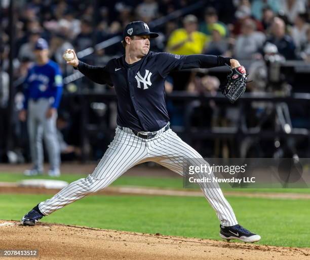 New York Yankees starting pitcher Gerrit Cole throwing in the top of the 2nd inning while playing the Toronto Blue Jays at George M Steinbrenner...