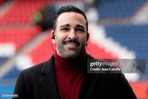 Adil Rami comments for Amazon Prime Video the Ligue 1 Uber Eats match between Paris Saint-Germain and Stade de Reims at Parc des Princes stadium on...