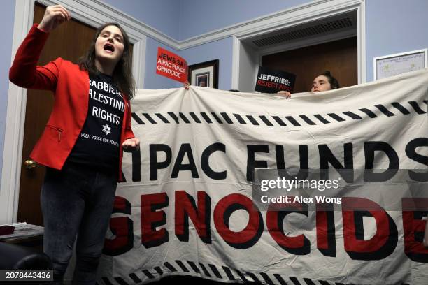 Rabbi Abby Stein speaks during a pro-Palestinian protest at the office of House Minority Leader Rep. Hakeem Jeffries at Rayburn House Office Building...