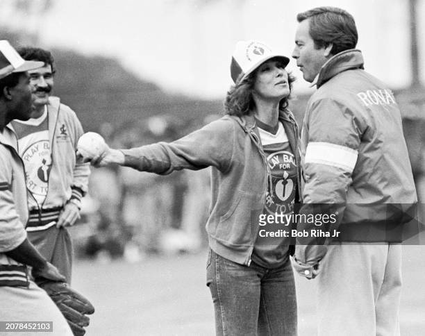 Actress Stefanie Powers and Actor Robert Wagner, who play the titular characters in the television show 'Hart to Hart,' during a celebrity softball...