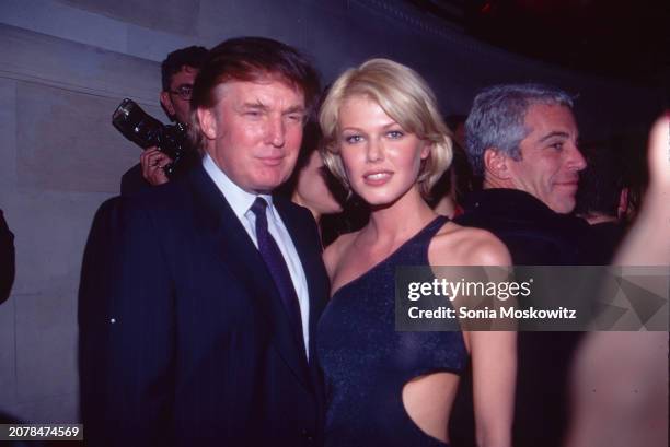 American businessman and ex-president Donald Trump, Belgian model Ingrid Seynhaeve, and American businessman Jeffrey Epstein attend the Victoria's...