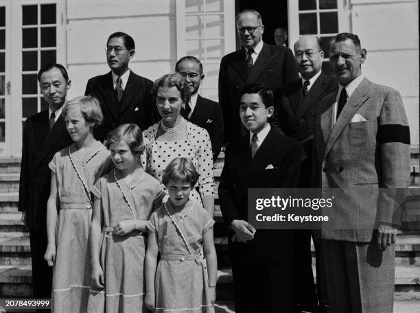 Crown Prince Akihito of Japan posing for a group photo with the Danish royal family at Grasten Palace, the royal summer residence in Jutland,...