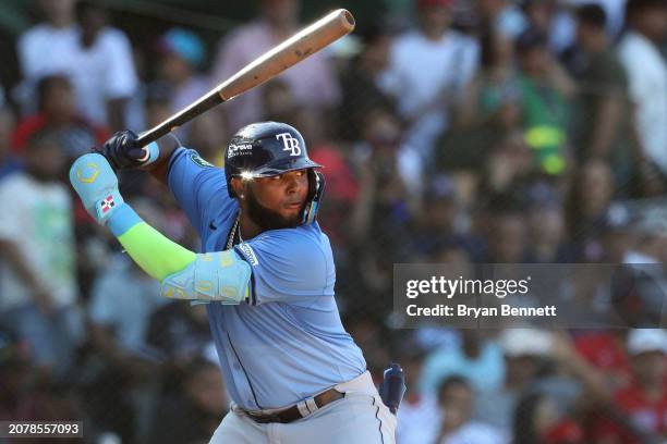 Junior Caminero of the Tampa Bay Rays at bat during the ninth inning against the Boston Red Sox at Estadio Quisqueya on March 10, 2024 in Santo...