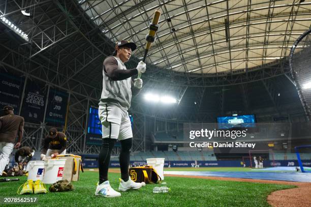 Ha-Seong Kim of the San Diego Padres warms up during the 2024 Seoul Series Workout Day at Gocheok Sky Dome on Friday, March 15, 2024 in Seoul, South...