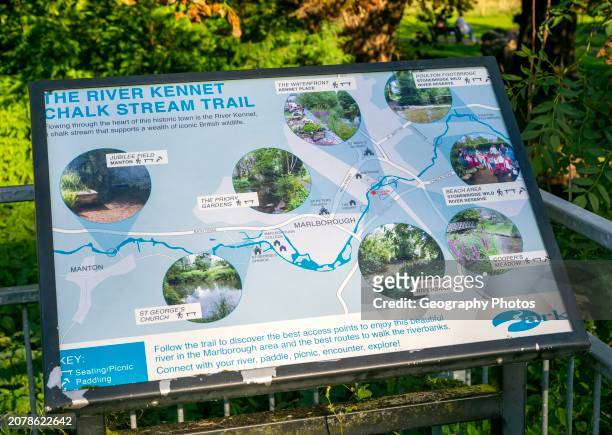 Information panel about the River Kennet chalk stream trail, Marlborough, Wiltshire, England, UK.