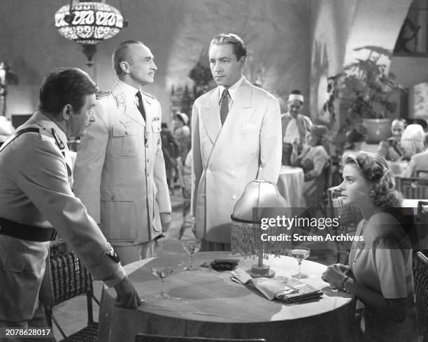 Ingrid Bergman, Claude Rains and Paul Henreid from the classic 1942 movie 'Casablanca'.