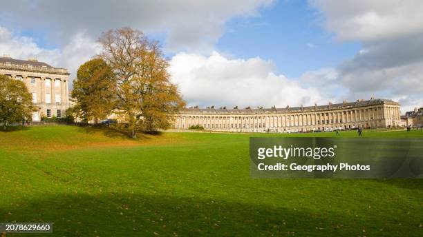 Autumn tree colors at The Royal Crescent, architect John Wood the Younger built between 1767 and 1774, Bath, Somerset, England.