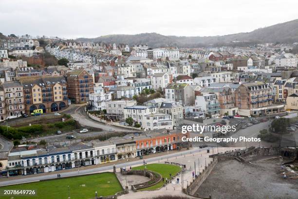 Buildings on steep hillside in the town of Ilfracombe, north Devon, England.