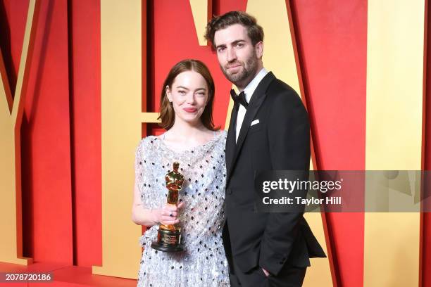 Emma Stone and Dave McCary attend the 2024 Vanity Fair Oscar Party hosted by Radhika Jones at Wallis Annenberg Center for the Performing Arts on...