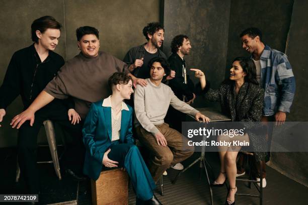 Jaeden Martell, Julian Dennison, Lachlan Watson, Evan Winter, Daniel Zolghadri, Kyle Mooney, Rachel Zegler and Mason Gooding from 'Y2K' pose for a...