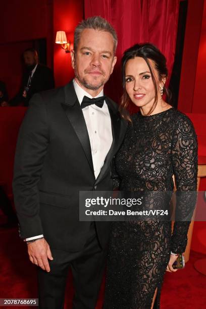 Matt Damon and Luciana Barroso attend the 2024 Vanity Fair Oscar Party Hosted By Radhika Jones at Wallis Annenberg Center for the Performing Arts on...