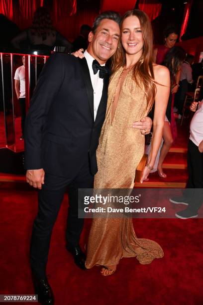 Jon Hamm and Anna Osceola attend the 2024 Vanity Fair Oscar Party Hosted By Radhika Jones at Wallis Annenberg Center for the Performing Arts on March...