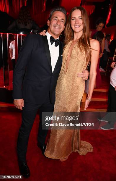 Jon Hamm and Anna Osceola attend the 2024 Vanity Fair Oscar Party Hosted By Radhika Jones at Wallis Annenberg Center for the Performing Arts on March...