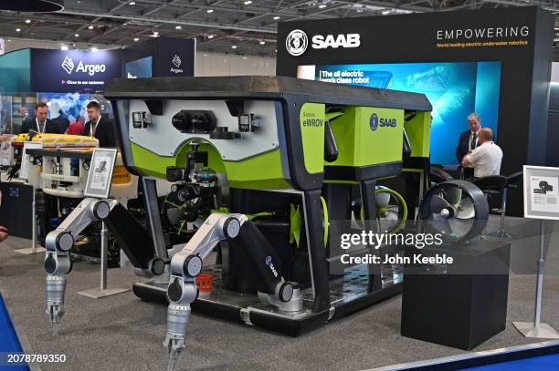Seaeye eco-responsible all-electric work-class robot, eWROV electric underwater vehicle full-sized Class III B ROV system is displayed during the...