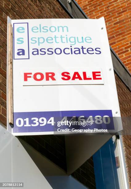 Elson Spettigue Associates commercial property for sale estate agency sign, Woodbridge, Suffolk, England, UK.