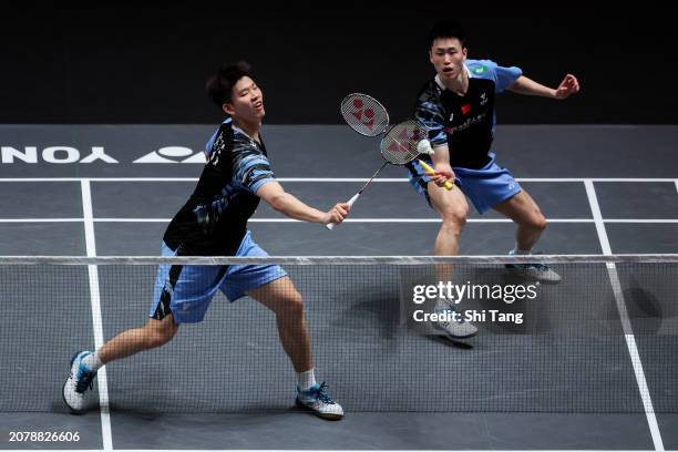 Liu Yuchen and Ou Xuanyi of China compete in the Men's Doubles first Round match against Ong Yew Sin and Teo Ee Yi of Malaysia during day one of the...