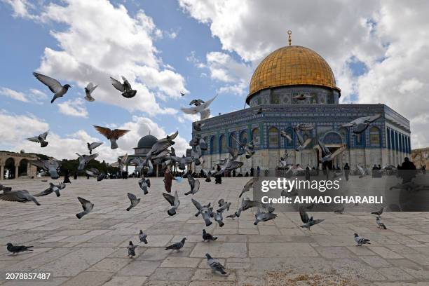 Muslim girl plays with a baloon as pigeons fly in front of the Dome of the Rock at the compound of the Al-Aqsa mosque before the first Friday noon...