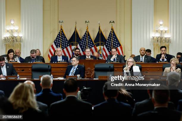 Members of the House Intelligence Committee listen during a hearing at the Cannon Office Building on March 12, 2024 in Washington, DC. Leaders from...