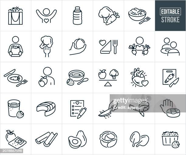 healthy eating and healthy foods thin line icons - editable stroke - wellbeing vector stock illustrations