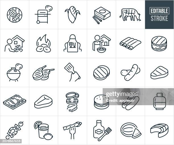 ilustrações de stock, clip art, desenhos animados e ícones de grilling food thin line icons - editable stroke - costeleta comida